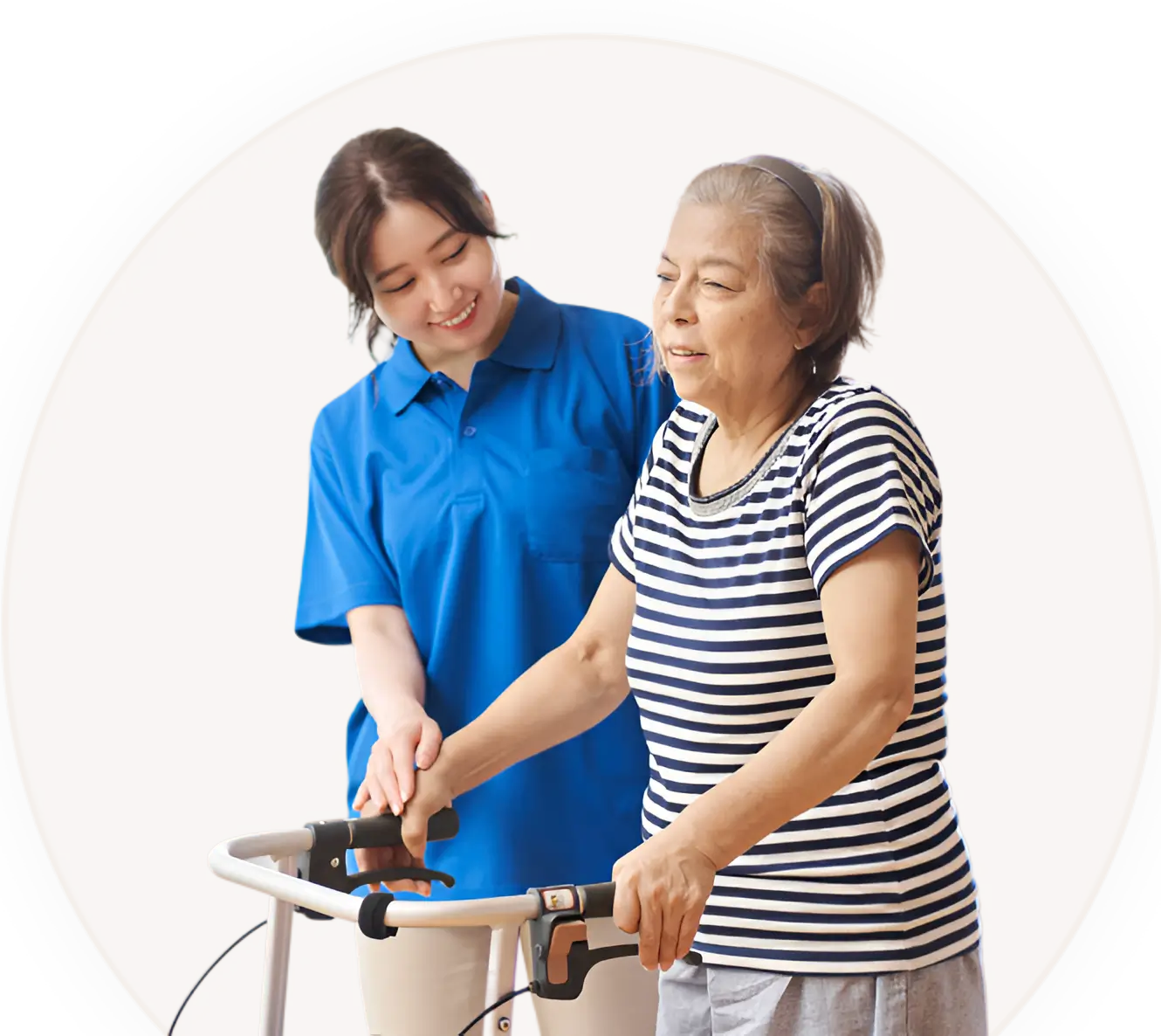 Caregiver assisting elderly woman with walker.